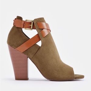 JustFab Denene Peep Toe Bootie in Olive - WORN ONCE